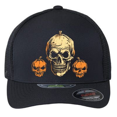 Halloween Spooky Skull Jack O Lantern Pumpkins Flexfit Unipanel Trucker Cap