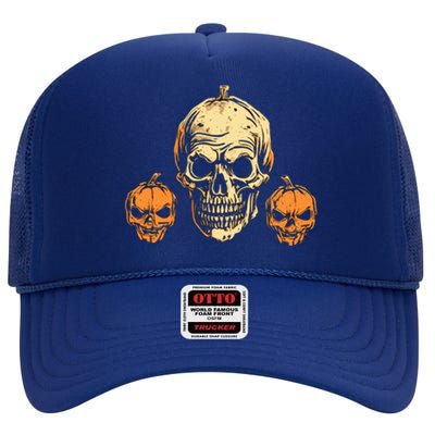 Halloween Spooky Skull Jack O Lantern Pumpkins High Crown Mesh Back Trucker Hat