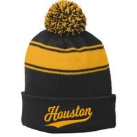 Houston Sports Script Cursive Classic Texas Flag Swoosh Stripe Pom Pom Beanie