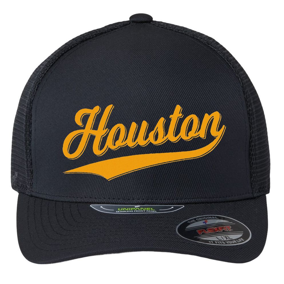 Houston Sports Script Cursive Classic Texas Flag Swoosh Flexfit Unipanel Trucker Cap