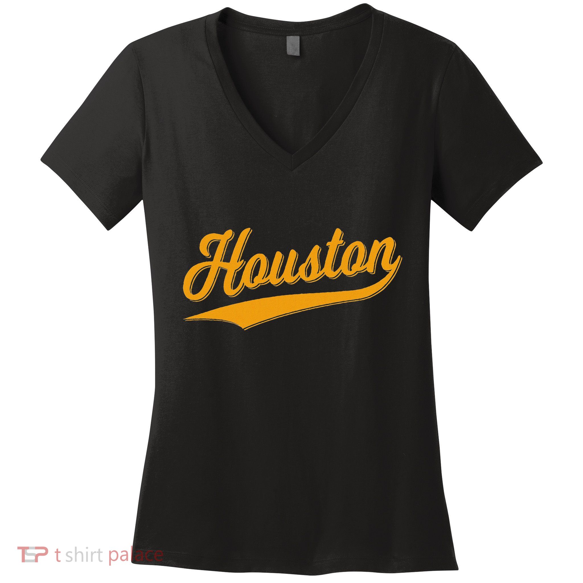 Houston Sports Script Cursive Classic Texas Flag Swoosh Women's V-Neck T-Shirt
