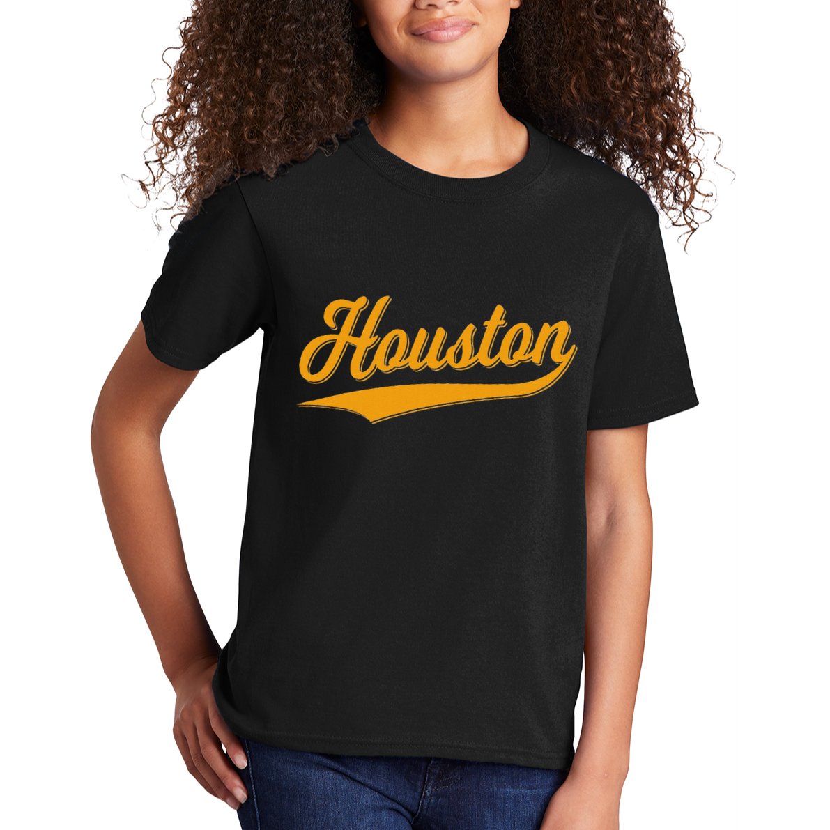 Houston Sports Script Cursive Classic Texas Flag Swoosh Kids T-Shirt