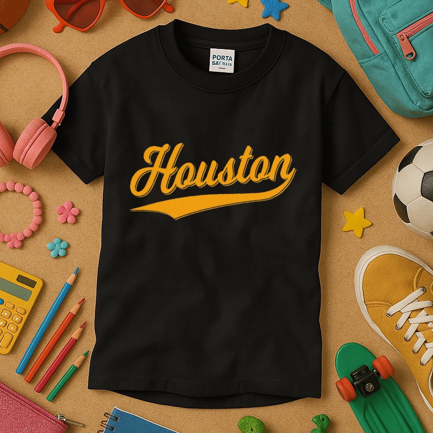 Houston Sports Script Cursive Classic Texas Flag Swoosh Kids T-Shirt