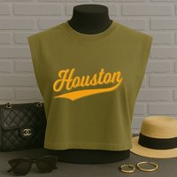 Houston Sports Script Cursive Classic Texas Flag Swoosh Garment-Dyed Women's Muscle Tee