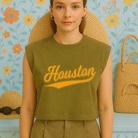 Houston Sports Script Cursive Classic Texas Flag Swoosh Garment-Dyed Women's Muscle Tee