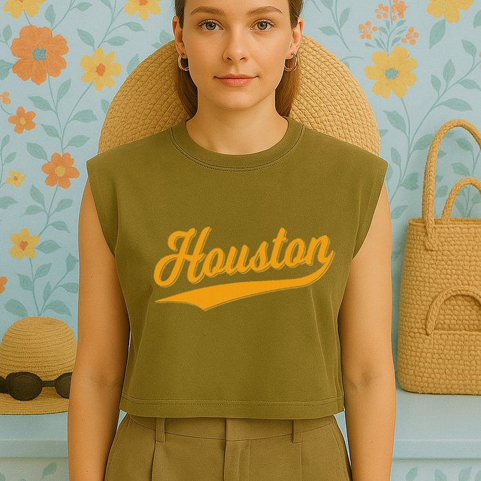 Houston Sports Script Cursive Classic Texas Flag Swoosh Garment-Dyed Women's Muscle Tee