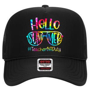 Hello Summer Teacher Off Duty Last Day Of School Tie Dye High Crown Mesh Back Trucker Hat