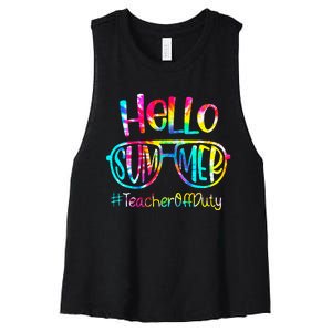 Hello Summer Teacher Off Duty Last Day Of School Tie Dye Women's Racerback Cropped Tank