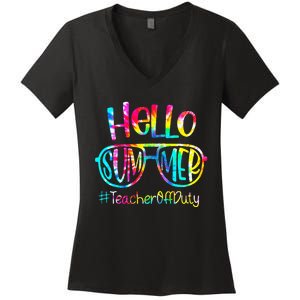 Hello Summer Teacher Off Duty Last Day Of School Tie Dye Women's V-Neck T-Shirt