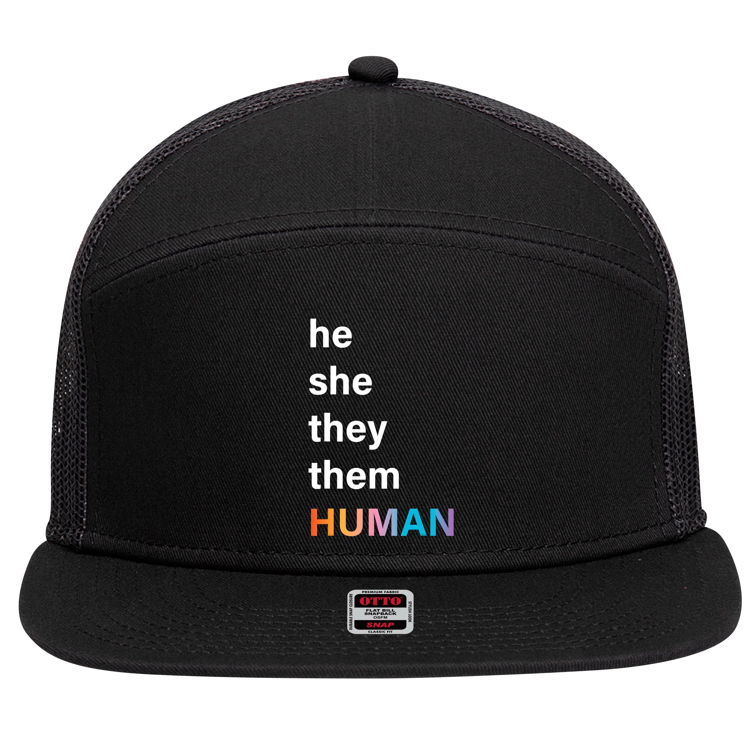 He She They Them Human LGBT Pride Rainbow 7 Panel Mesh Trucker Snapback Hat