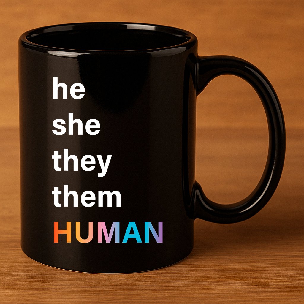 He She They Them Human LGBT Pride Rainbow 11oz C Handle Ceramic Mug