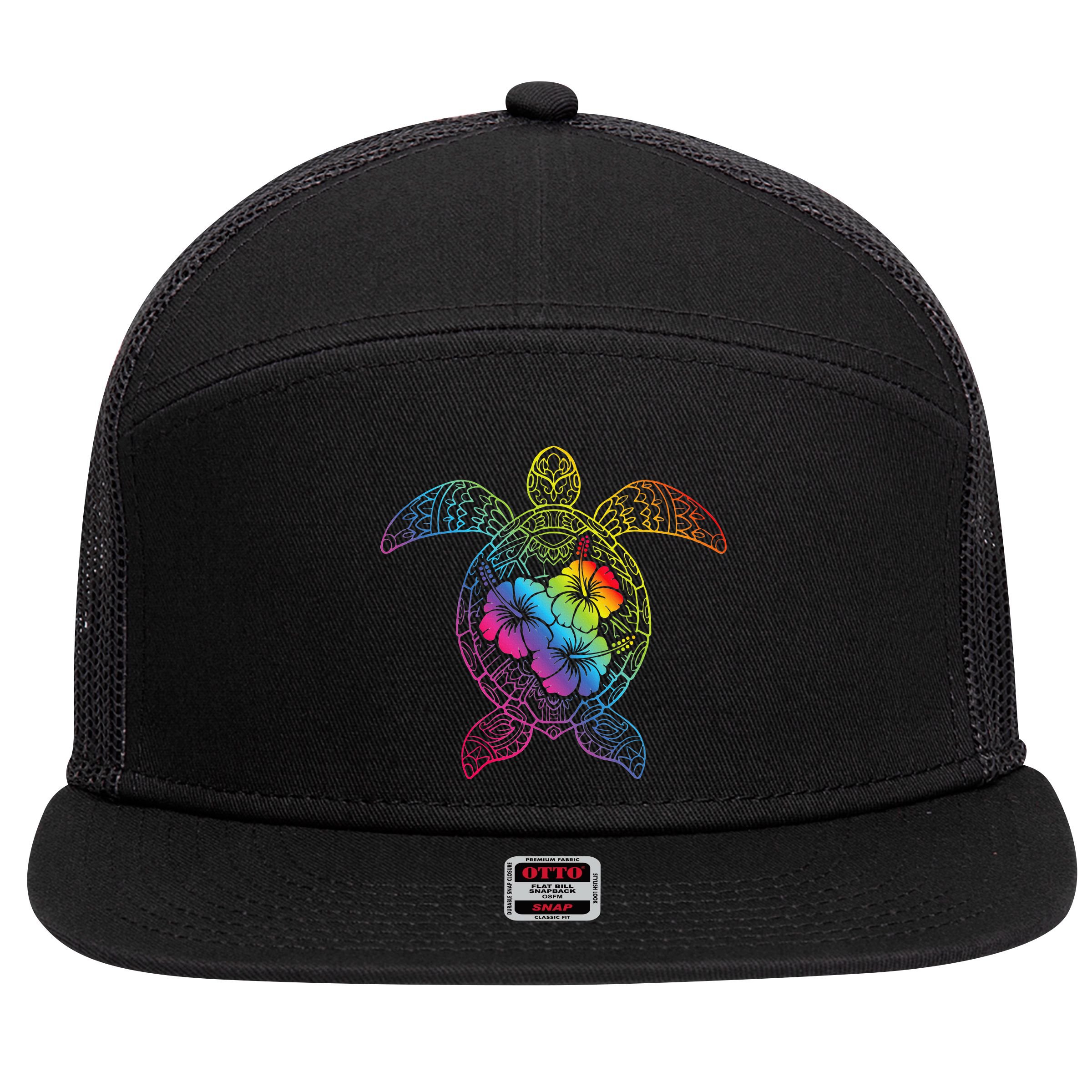 Hawaiian Sea Turtle Tropical Hibiscus Ocean Animal Hawaii 7 Panel Mesh Trucker Snapback Hat