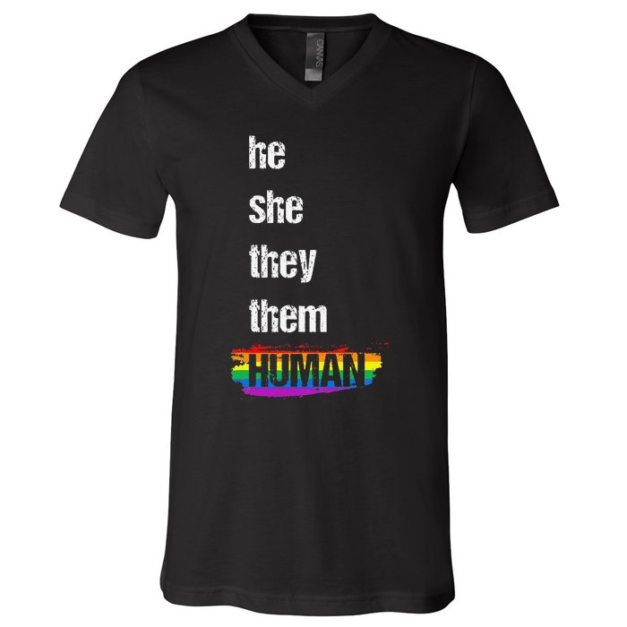 He She They Them Human LGBTQ Pride Rainbow Flag Pride Ally V-Neck T-Shirt