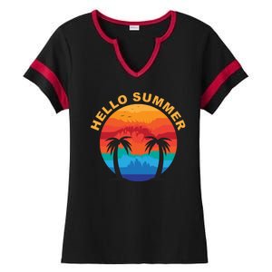 Hello Summer Tropical Sunset Beach Ladies Halftime Notch Neck Tee