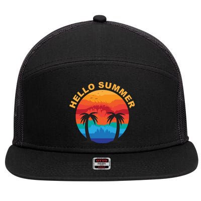 Hello Summer Tropical Sunset Beach 7 Panel Mesh Trucker Snapback Hat