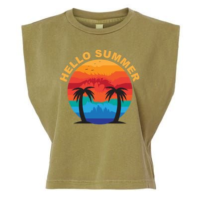 Hello Summer Tropical Sunset Beach Garment-Dyed Women's Muscle Tee