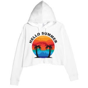 Hello Summer Tropical Sunset Beach Crop Fleece Hoodie