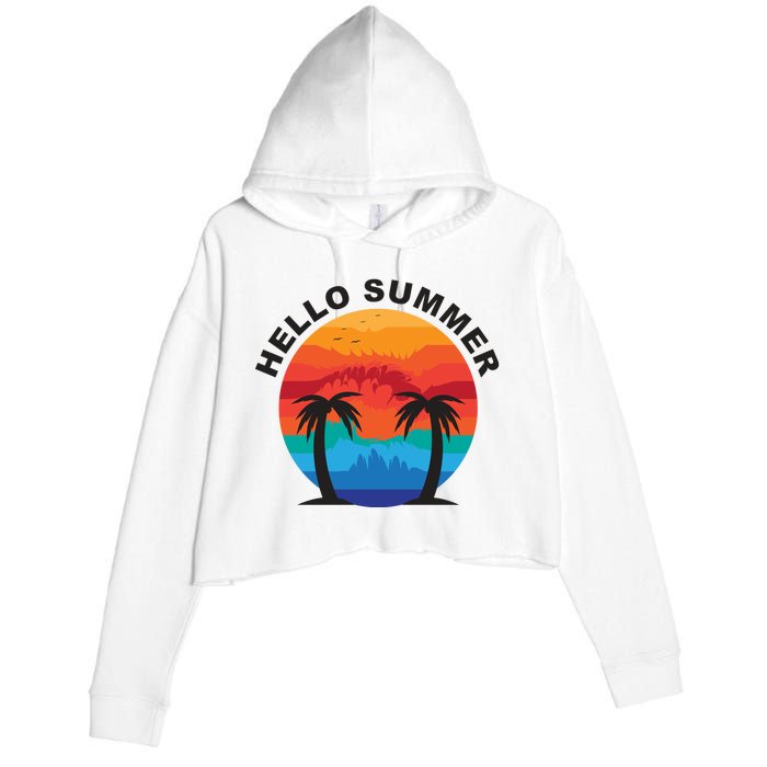 Hello Summer Tropical Sunset Beach Crop Fleece Hoodie