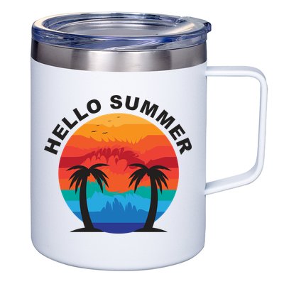 Hello Summer Tropical Sunset Beach 12oz Stainless Steel Coffee Mug