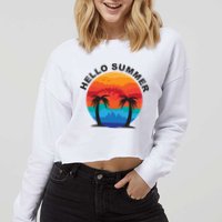 Hello Summer Tropical Sunset Beach Cropped Pullover Crew