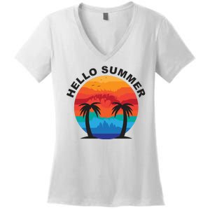 Hello Summer Tropical Sunset Beach Women's V-Neck T-Shirt