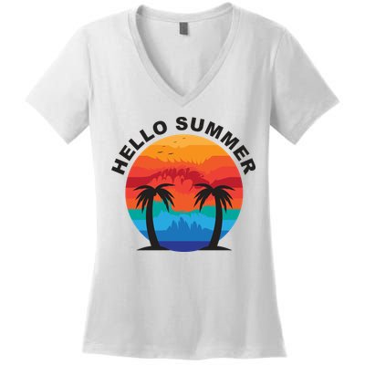 Hello Summer Tropical Sunset Beach Women's V-Neck T-Shirt