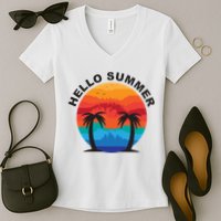 Hello Summer Tropical Sunset Beach Women's V-Neck T-Shirt