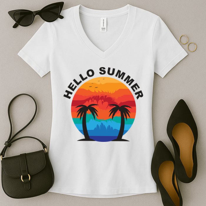 Hello Summer Tropical Sunset Beach Women's V-Neck T-Shirt