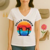 Hello Summer Tropical Sunset Beach Women's V-Neck T-Shirt
