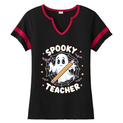 Halloween Spooky Teacher Ghost Bats And Spiderweb Design Gift Ladies Halftime Notch Neck Tee