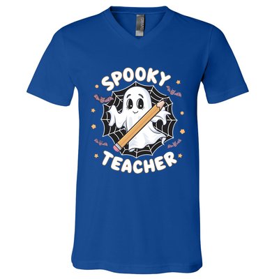 Halloween Spooky Teacher Ghost Bats And Spiderweb Design Gift V-Neck T-Shirt