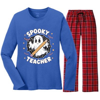 Halloween Spooky Teacher Ghost Bats And Spiderweb Design Gift Women's Long Sleeve Flannel Pajama Set 