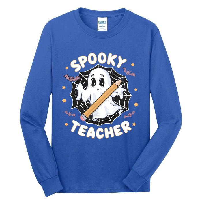 Halloween Spooky Teacher Ghost Bats And Spiderweb Design Gift Tall Long Sleeve T-Shirt