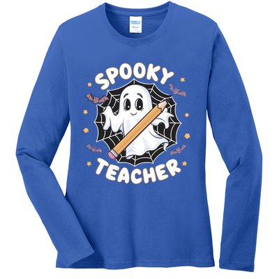 Halloween Spooky Teacher Ghost Bats And Spiderweb Design Gift Ladies Long Sleeve Shirt