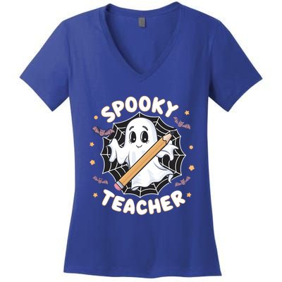 Halloween Spooky Teacher Ghost Bats And Spiderweb Design Gift Women's V-Neck T-Shirt