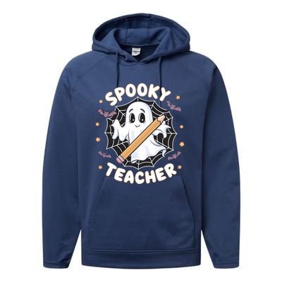 Halloween Spooky Teacher Ghost Bats And Spiderweb Design Gift Performance Fleece Hoodie