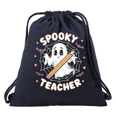 Halloween Spooky Teacher Ghost Bats And Spiderweb Design Gift Drawstring Bag