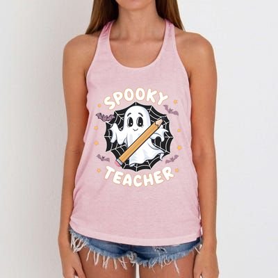 Halloween Spooky Teacher Ghost Bats And Spiderweb Design Gift Women's Knotted Racerback Tank