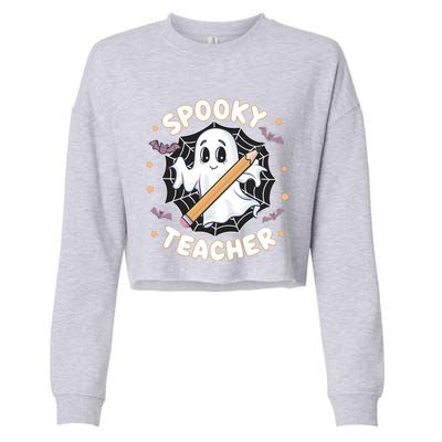 Halloween Spooky Teacher Ghost Bats And Spiderweb Design Gift Cropped Pullover Crew