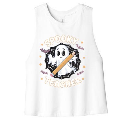 Halloween Spooky Teacher Ghost Bats And Spiderweb Design Gift Women's Racerback Cropped Tank