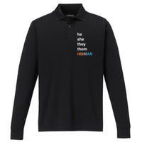 He She They Them Human LGBTQ Pride Performance Long Sleeve Polo