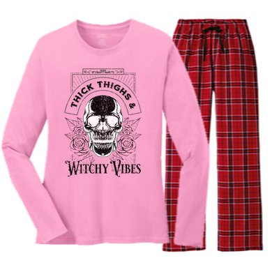 Halloween Skull Tarot Card Thick Thighs And Witchy Vibes Gift Women's Long Sleeve Flannel Pajama Set 