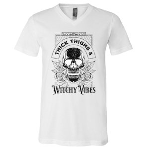 Halloween Skull Tarot Card Thick Thighs And Witchy Vibes Gift V-Neck T-Shirt