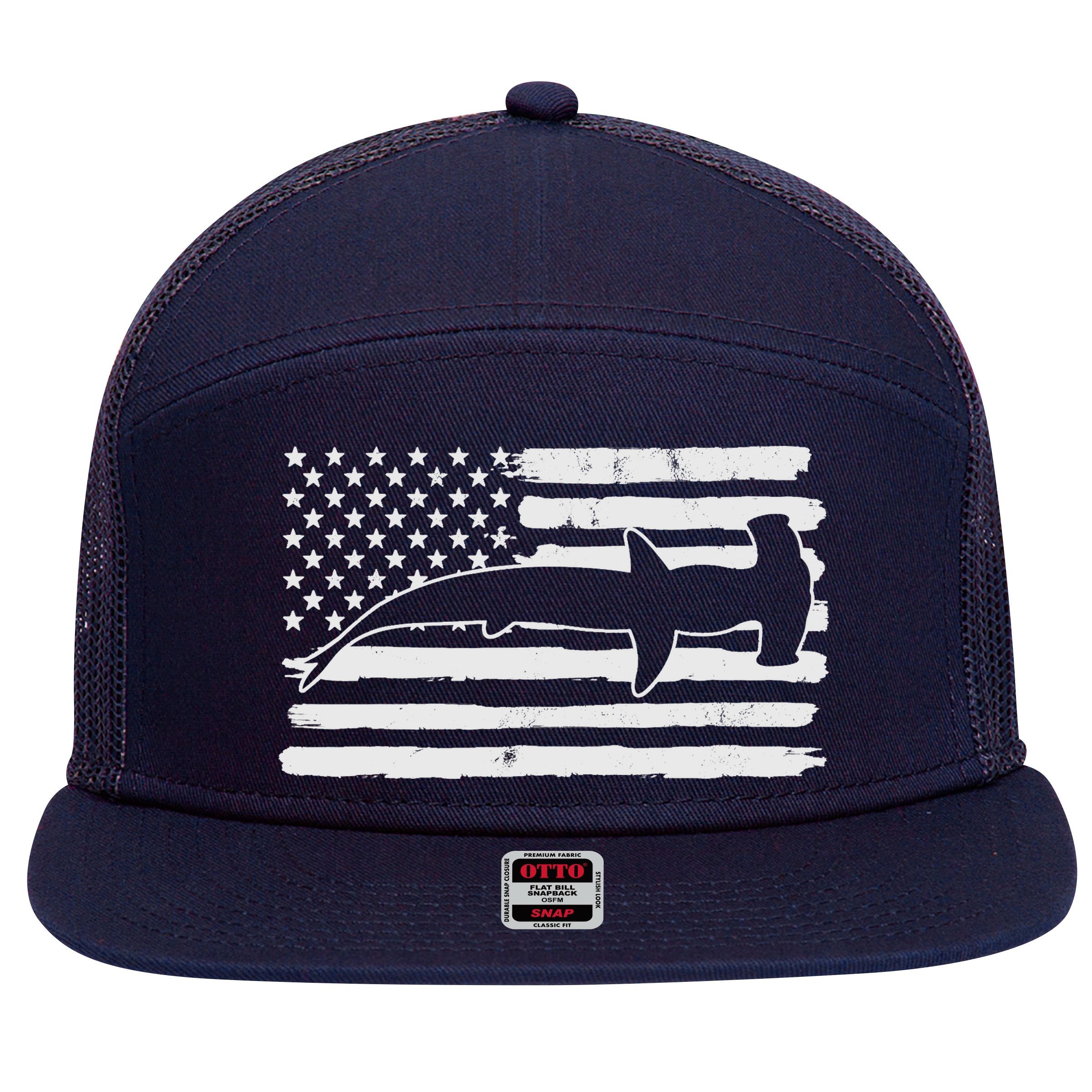 Hammerhead Shark USA Flag 4th Of July Fourth Vintage 7 Panel Mesh Trucker Snapback Hat
