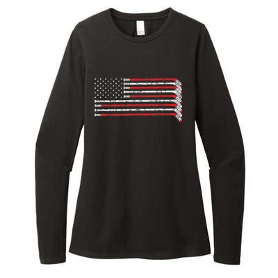 Hockey Stick USA Flag Faded Hockey Player Tshirt Womens CVC Long Sleeve Shirt