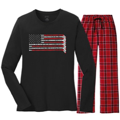 Hockey Stick USA Flag Faded Hockey Player Tshirt Women's Long Sleeve Flannel Pajama Set 