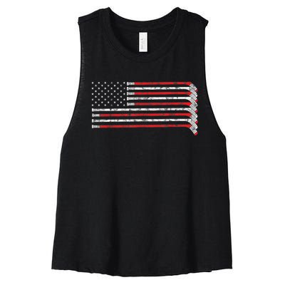 Hockey Stick USA Flag Faded Hockey Player Tshirt Women's Racerback Cropped Tank