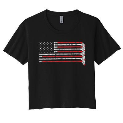 Hockey Stick USA Flag Faded Hockey Player Tshirt Women's Crop Top Tee