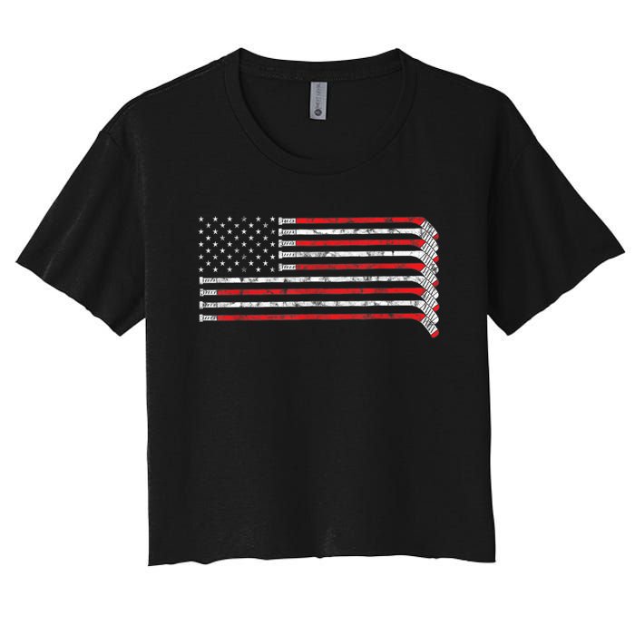 Hockey Stick USA Flag Faded Hockey Player Tshirt Women's Crop Top Tee