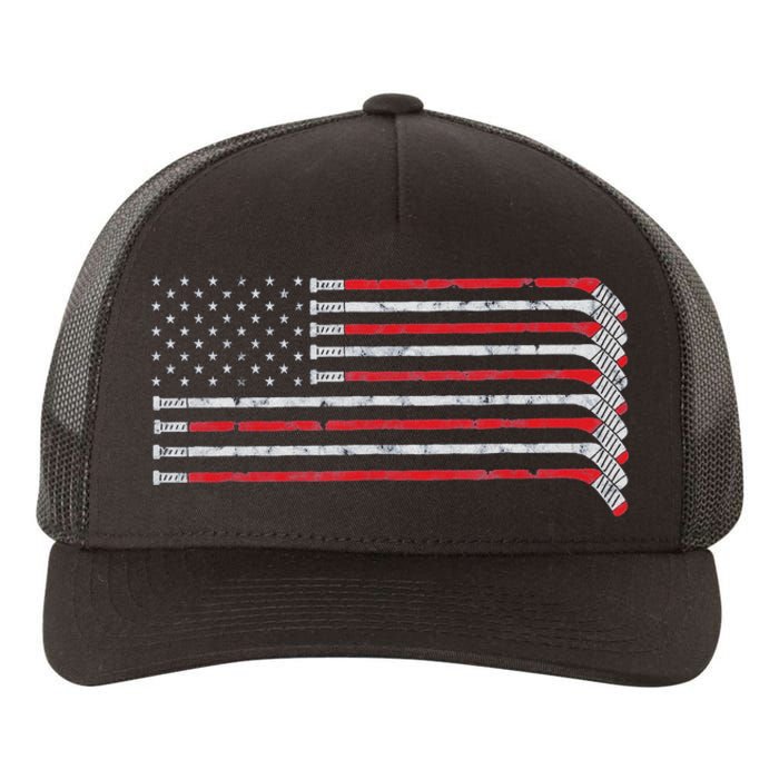 Hockey Stick Usa Flag Faded Hockey Player Yupoong Adult 5-Panel Trucker Hat